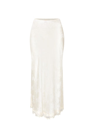 An off-white satin midi skirt with a subtle floral jacquard pattern and a delicate lace hem, shown against a plain white background.