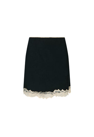 A black A-line mini skirt featuring a delicate cream lace trim along the hem, displayed against a solid white background.