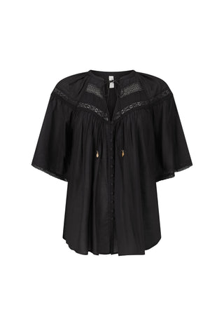 A black short-sleeve blouse with a gathered, pleated front, lace trim details at the shoulders, and small gold-toned decorative accents, shown against a plain white background.