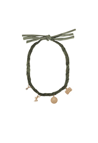 an-olive-green-braided-cord-bracelet-with-a-knotted-tie-at-the-top-and-three-dangling-charms-in-a-rose-gold-tone-shown-against-a-plain-white-background
