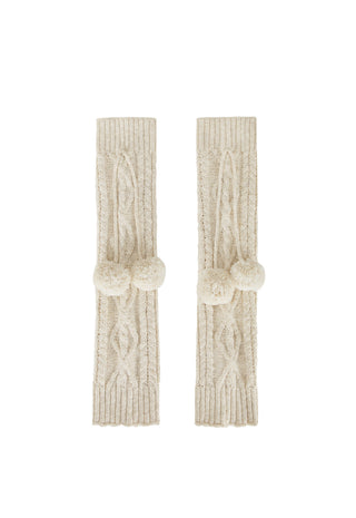 a-pair-of-cream-colored-cable-knit-arm-warmers-with-matching-pom-pom-details-displayed-flat-against-a-solid-white-background