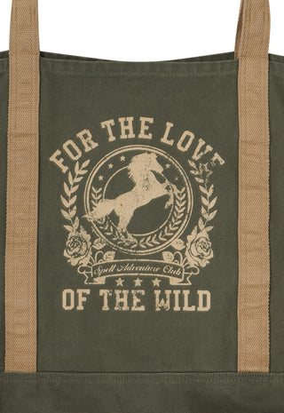 an-olive-green-canvas-tote-bag-with-tan-webbing-handles-and-a-beige-graphic-print-featuring-a-horse-and-the-text-for-the-love-of-the-wild-and-wild-adventure-club
