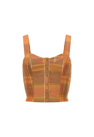 a-cropped-camisole-top-with-a-warm-toned-plaid-pattern-in-orange-brown-and-yellow-featuring-a-button-up-front-and-shoulder-straps-shown-against-a-plain-white-background