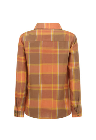 a-long-sleeve-plaid-button-up-shirt-shown-from-the-back-featuring-a-pattern-of-orange-brown-and-yellow-stripes-on-a-white-background