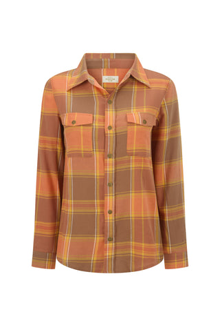 a-womens-long-sleeve-button-up-plaid-shirt-in-shades-of-brown-orange-and-yellow-featuring-two-chest-pockets-with-button-flaps-shown-on-a-plain-white-background