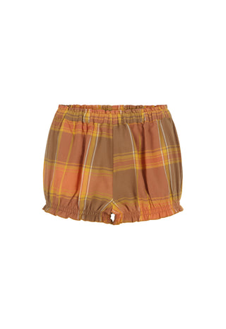 a-pair-of-plaid-balloon-shorts-in-a-warm-autumn-color-palette-featuring-shades-of-brown-orange-yellow-and-green-displayed-against-a-solid-white-background