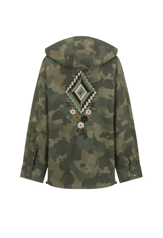 a-hooded-camouflage-jacket-shown-from-the-back-featuring-a-large-geometric-diamond-patch-and-embroidered-floral-details-in-green-black-white-and-beige