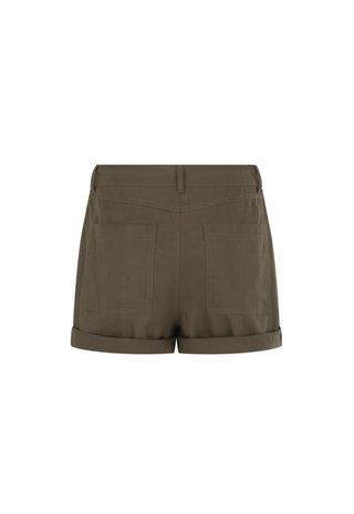 a-pair-of-olive-green-shorts-with-a-cuffed-hem-and-two-front-patch-pockets-shown-from-the-back-on-a-plain-white-background