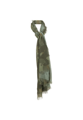 wild-and-free-travel-scarf-in-camo-green-knotted-display-showing-frayed-edges-and-lenzing-modal-drape-white-background