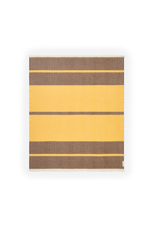 a-rectangular-woven-textile-with-horizontal-stripes-in-mustard-yellow-and-brown-shown-flat-against-a-white-background