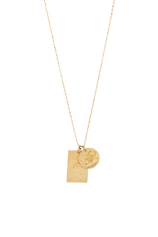 Front view of Spell’s Scorpio Stargazer Zodiac Necklace. The double embossed pendant charm necklace comes in 22k Gold Vermeil and hangs from a twisted rope chain.